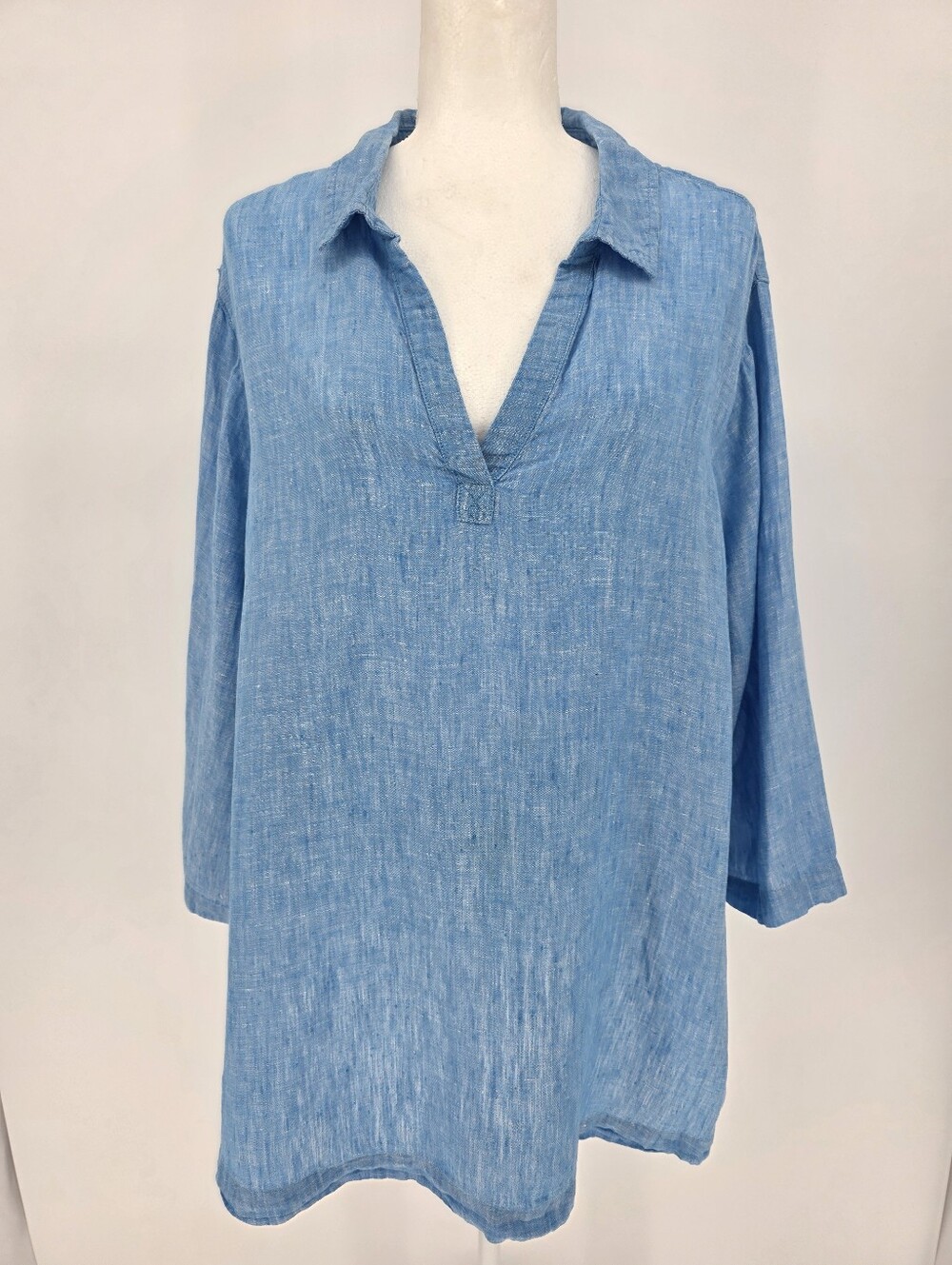 Tahari 100% Linen Tunic Top Blue Split Neck 3/4 Sleeve Women's 2X